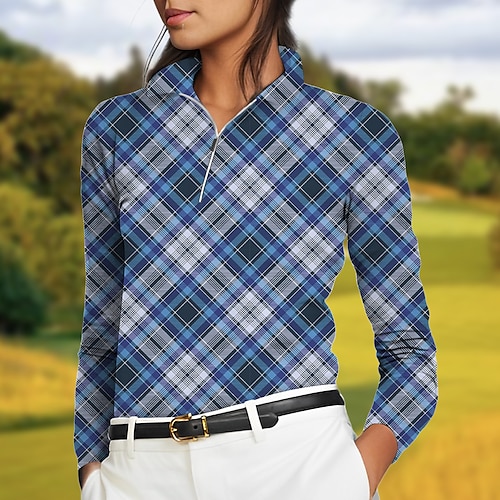

Femme T-shirt POLO Chemise de golf Respirable Séchage rapide Evacuation de l'humidité manche longue Vêtements de golf Top Standard Zippé Col Montant Plaid Printemps Automne Tennis Le golf Pickleball