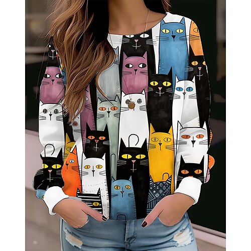 

Mujer Sudadera Pull-over Básico Negro Amarillo Naranja Gato Casual Escote Redondo Manga Larga Top Microelástico Otoño invierno