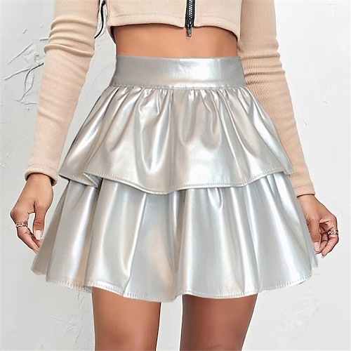 

Women's Tutu Mini Artificial Leather Silver Black Skirts All Seasons Ruched Patchwork Shiny Metallic Lined Fashion Street Homecoming S M L