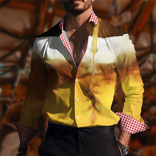 

Hombre Camisa Estampados Cerveza Cuello Vuelto Blanco Amarillo Exterior Calle Manga Larga Estampado Ropa Moda Ropa de calle Design Casual