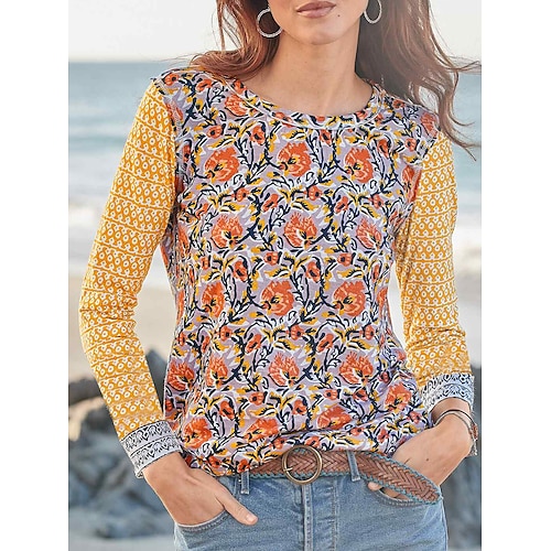 

Mujer Camiseta Amarillo Verde Trébol Floral Estampado Manga Larga Festivos Fin de semana Básico Escote Redondo Flor Pintura