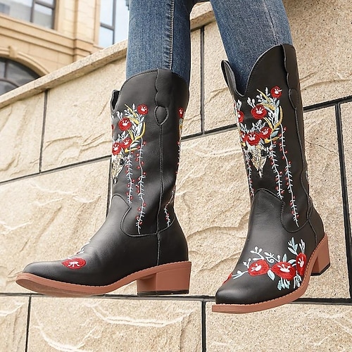 

Mulheres Botas Tamanhos Grandes Botas de cano médio Ao ar livre Diário Inverno Salto de bloco Salto Robusto Ponta Redonda Vintage Elegante Couro Ecológico Mocassim Bordado Preto Marron