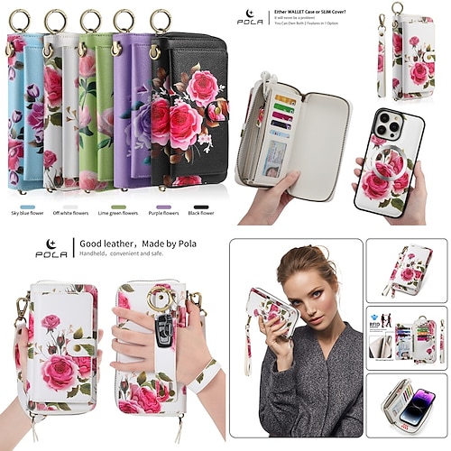 

telefone Capinha Para Apple iPhone 15 Pro Max Plus 14 13 12 11 X XR XS 8 7 Capa para Cartão Wallet Com Magsafe Destacável Zíper Anti-Roubo Flor TPU Couro PU