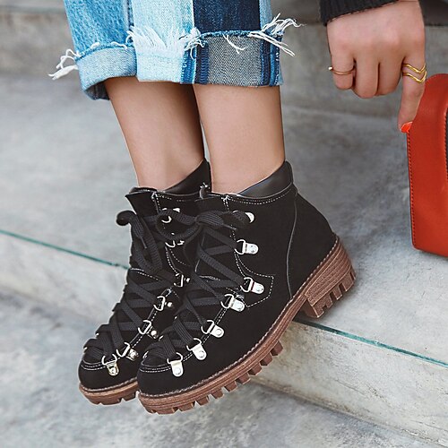 

Women's Boots Combat Boots Daily Low Heel Chunky Heel Round Toe Fashion PU Lace-up Solid Color Dark Brown Black Army Green