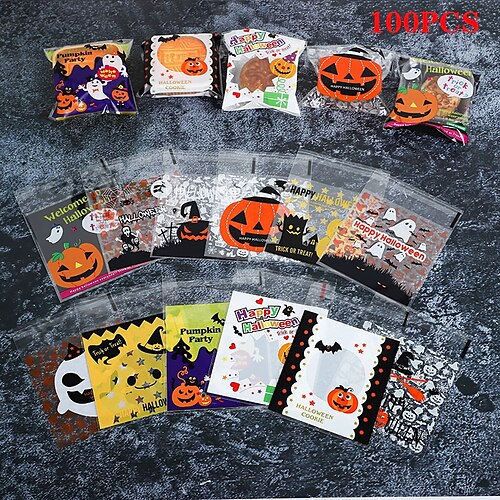 

100 pçs sacos de doces de halloween bonito saco de presente doce ou travessura presente para crianças caixas de doces de morcego de abóbora suprimentos de decoração de festa de halloween