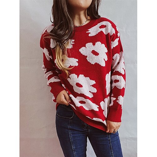 

Mujer Suéter de punto Puente Estriado Tejer Retazos Floral Cuello Barco Elegante Casual Diario Noche Otoño Invierno Negro Rojo S M L