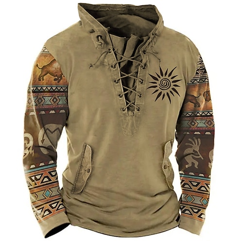 

Men's Sweatshirt Pullover Blue Brown Green Gray Standing Collar Color Block Tribal Graphic Prints Lace up Sports Outdoor Casual Daily 3D Print Streetwear Designer Ethnic Spring Fall Clothing