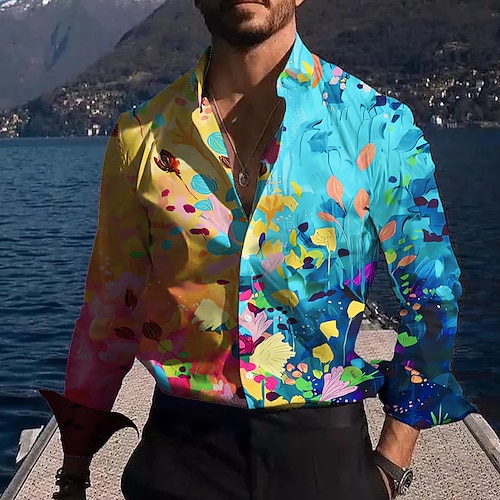 

Hombre Camisa Estampados Pintada Cuello Vuelto Amarillo Azul Piscina Exterior Calle Manga Larga Estampado Ropa Moda Ropa de calle Design Casual