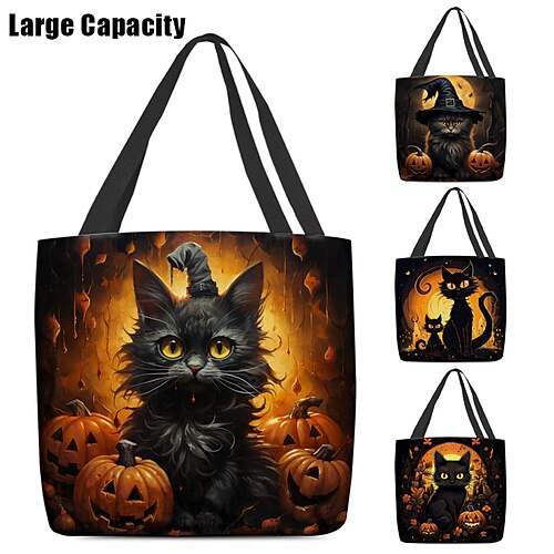 

Women's Tote Shoulder Bag Canvas Tote Bag Polyester Halloween Shopping Print Large Capacity Foldable Lightweight Cat Cat A Cat B Cat C