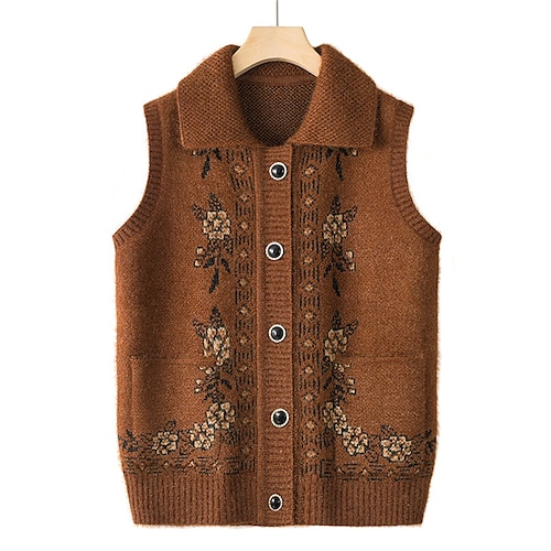 

Pull Gilet Maille Femme A côtes Tricoter Bouton Poche Floral Col de Chemise mode Décontractées Extérieur du quotidien Sans Manches Automne Hiver Rouge bordeaux couleur caramel 3XL référence 125-140