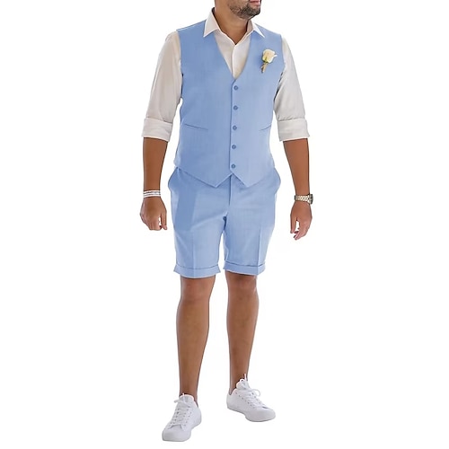 

Men's Linen Suits Wedding Shorts Waistcoat Beach Summer Solid Formal Light Blue Sky Blue Dark Navy Colored Causal 2 Piece Tailored Fit 2024