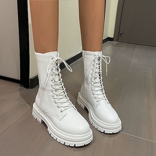 

Mulheres Botas Coturnos Tamanhos Grandes Botas de amarrar Diário Caminhada Ziper Salto Robusto Ponta Redonda Elegante Casual Conforto Caminhada Couro Sintético Com Cadarço Côr Sólida Preto Branco