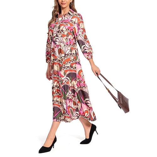 

Mujer vestido de trabajo Vestido de Columpio vestido semiformal Moda vestido largo vestido largo Botón Estampado Cuello Camisero Manga Larga Geométrico Bloque de color Holgado Rojo Otoño Invierno S M