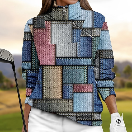 

Damen Golf-Hoodie Golfpullover Golf-Sweatshirt warm Atmungsaktiv Feuchtigkeitsableitung Langarm Golf-Oberbekleidung Shirt Regular Fit 1/4 Reißverschluss Stehkragen Geometrie Frühling Herbst Tennis