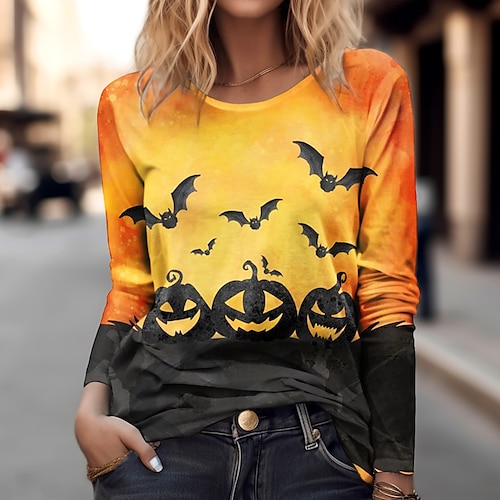 

Damen T Shirt Halloween-Shirt Gelb Kürbis Bedruckt Langarm Halloween Wochenende Täglich Basic Rundhalsausschnitt Regular Fit Farbe Herbst Winter