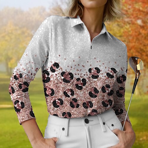 

Mulheres Camisa polo de caminhada Camisa de golfe Respirável Secagem Rápida Pavio Humido Manga Longa Vestuário de golfe Roupas de golfe Normal Zíper Colarinho Alto Leopardo Primavera Outono Tênis