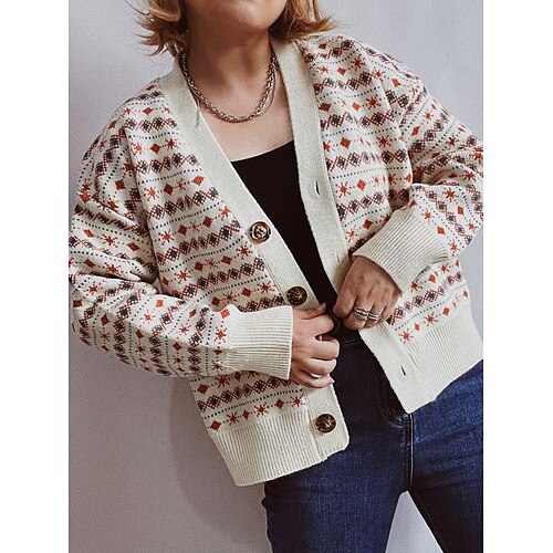 

Mulheres Sueter Cardigan Saltador Estriado Tricotar Botão Geométrica Decote V à moda Casual Diário Para Noite Outono Inverno Vinho Bege S M L