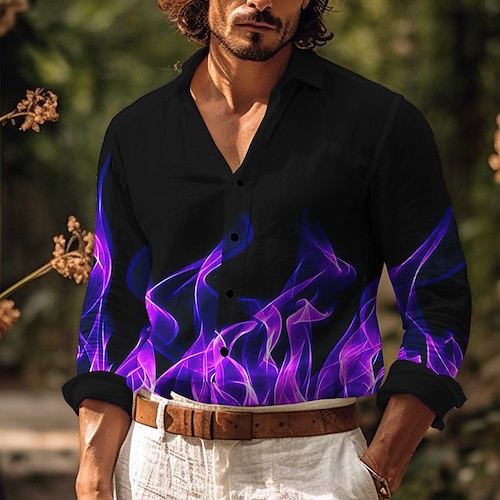 

Hombre Camisa camisa de lino Estampados Fuego Cuello Vuelto Amarillo Morado Exterior Calle Manga Larga Estampado Ropa Lino Moda Ropa de calle Design Casual