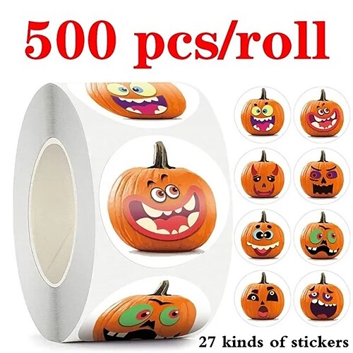 

Rouleau d'autocollants ronds squelette d'halloween, étiquettes de scellage d'enveloppe, autocollant de sac de bonbons, décoration d'halloween, citrouille, 500 pièces/rouleau