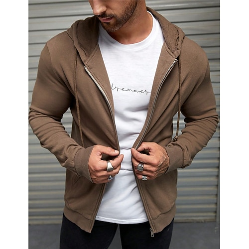 

Men's Hoodie Full Zip Hoodie Brown Hooded Plain Sports Outdoor Daily Holiday Streetwear Cool Casual Spring Fall Clothing Apparel Hoodies Sweatshirts