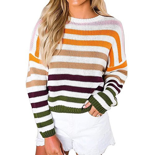 

Damen Pullover Strickwaren Gerippt Stricken Patchwork Bedruckt Farbblock Rundhalsausschnitt Stilvoll Brautkleider schlicht Täglich Ausgehen Herbst Winter Bohnengrün Blau Purpur S