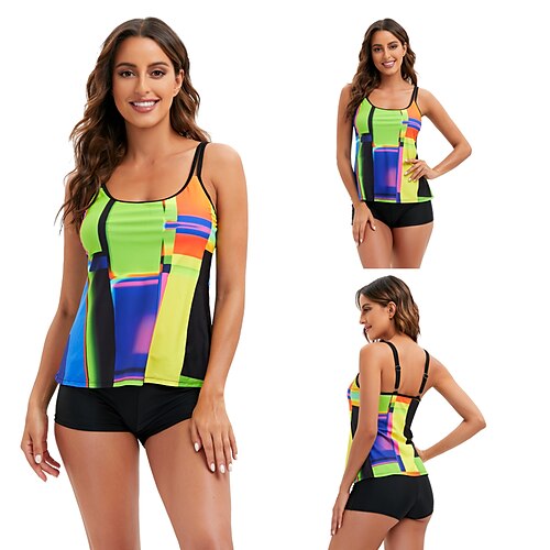 

Damen Badeanzug Tankini 2 Stück Normal Bademode Gemischte Farbe Print Einstellbar Saite Farbblock Mehrfarbig Hellgrün Gefüttert Gurt Badeanzüge Sport Urlaub Geometrisch