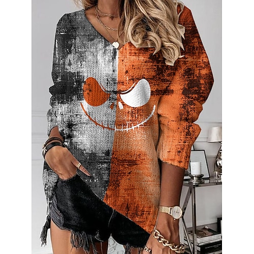 

Women's Pullover Sweater Jumper Jumper Crochet Knit Tunic Print Color Gradient V Neck Stylish Casual Halloween Daily Drop Shoulder Summer Spring Orange S M L