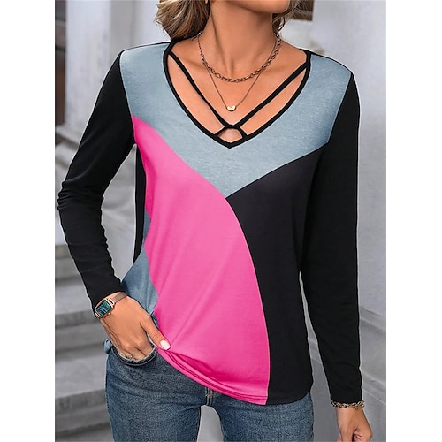 

Women's T shirt Tee White Pink Red Color Block Print Long Sleeve Daily Weekend Basic V Neck Regular Fit Painting Spring Fall