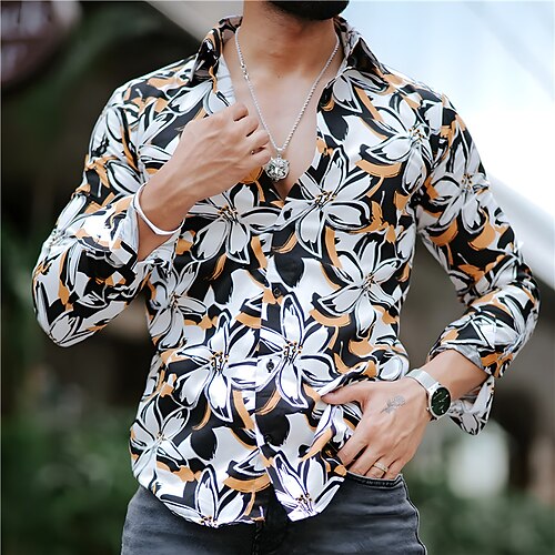 

Hombre Camisa Floral Cebra Cuello Vuelto Blanco Amarillo Azul Piscina Exterior Calle Manga Larga Estampado Ropa Moda Ropa de calle Design Casual