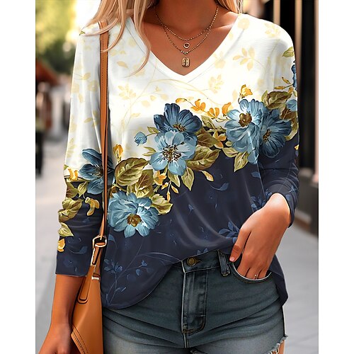 

Women's T shirt Tee Navy Blue Floral Print Long Sleeve Daily Weekend Basic Neon Bright V Neck Regular Fit Floral Painting