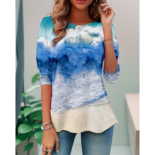 

Femme T shirt Tee Rose Claire Bleu Graphic Imprimer manche longue du quotidien Fin de semaine du quotidien basique Col Rond Standard Peinture Automne hiver