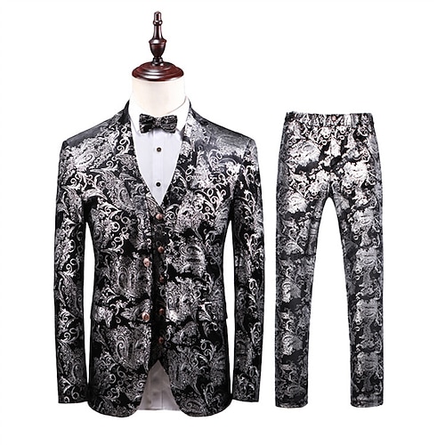 

Silver Men's Wedding Prom Suits 3 Piece Printed Tailored Fit Single Breasted Two-buttons 2023