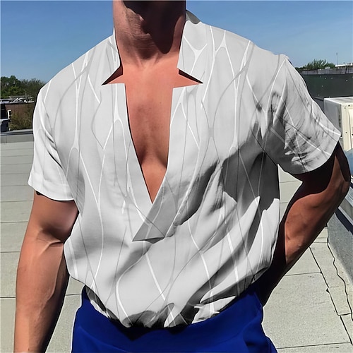 

Men's Shirt Linen Shirt Color Block Geometry Linear V Neck Black Dark Green Brown Dark Blue Gray Outdoor Street Short Sleeve Print Clothing Apparel Linen Fashion Streetwear Designer Casual