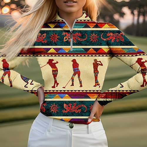 

Mulheres Camisa polo de caminhada Camisa de golfe Respirável Secagem Rápida Pavio Humido Manga Longa Vestuário de golfe Roupas de golfe Normal Zíper Colarinho Alto Estampado Primavera Outono Tênis