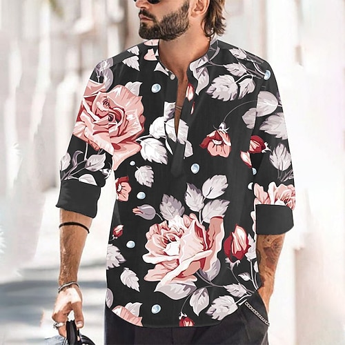 

Homme Chemise Chemise Lin Floral Mao Noir Extérieur Plein Air manche longue Imprimer Vêtement Tenue Lin Mode Vêtement de rue Design Décontractées