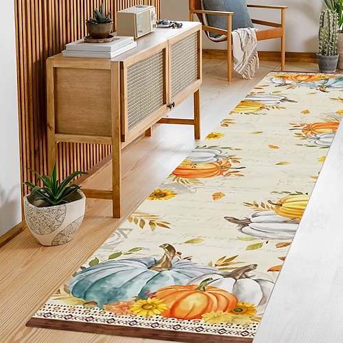 

Front Door Mat Outdoor Indoor Kitchen Mat Thanksgiving Autumn Farmhouse Blue Pumpkin Maple Leaf Entrance Door Cover Non Slip Bathroom Mat Sink/Porch Washable Floor Mat