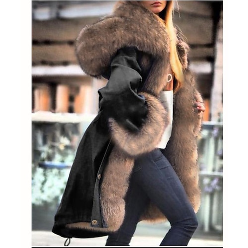 

Women's Winter Coat Faux Fur Coat Windproof Street Casual Fleece Jakcet Maillard Single Breasted with Hood Fashion Modern Outdoor Solid Color Loose Fit Outerwear Long Sleeve Fall Winter Black