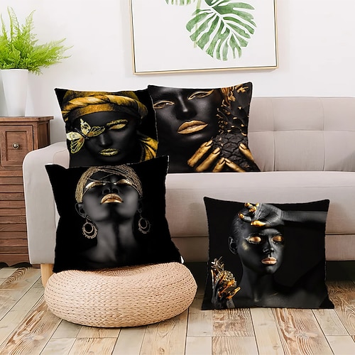 

noir or double face taie d'oreiller 1pc femmes africaines doux décoratif carré taie d'oreiller taie d'oreiller pour chambre salon canapé canapé chaise lèvre doigts visage tribu ethnique