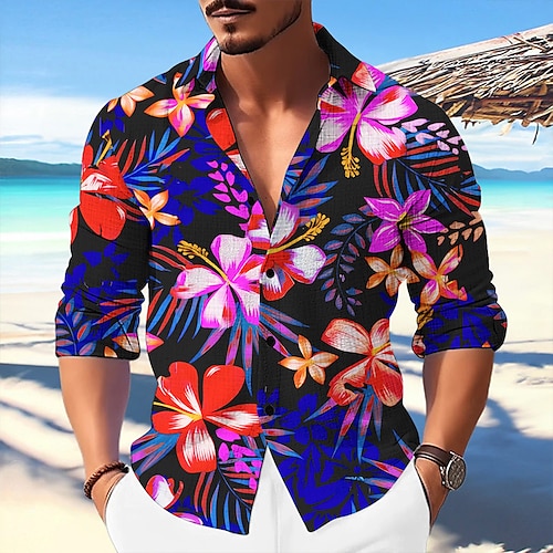 

Hombre Camisa camisa de lino Floral Estampados Cuello Vuelto Azul Piscina Verde Trébol Exterior Calle Manga Larga Estampado Ropa Lino Moda Ropa de calle Design Casual