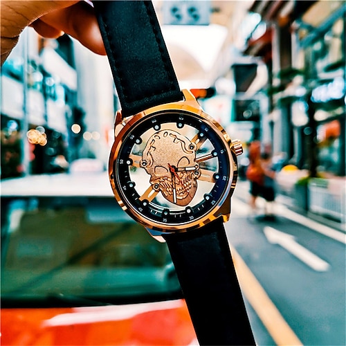 

Men Quartz Watch Luxury Skull Fashion Carving Engraved Transparent Dial Quartz Wristwatch Waterproof Halloween Decoration Leather Watch