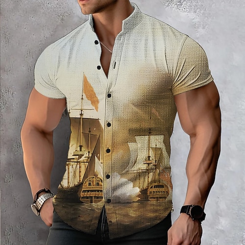 

Homme Chemise Chemise Lin Imprimés Photos Voilier Col rabattu Jaune Gris Extérieur Plein Air Manches courtes Imprimer Vêtement Tenue Lin Mode Design Décontractées Flexible