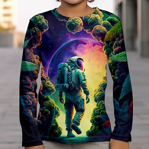 

Boys 3D Astronaut Smoke T shirt Tee Long Sleeve 3D Print Fall Winter Sports Fashion Streetwear Polyester Kids 3-12 Years Outdoor Casual Daily Regular Fit