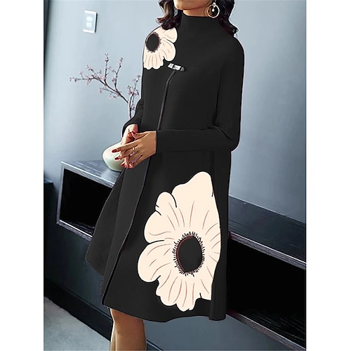 

Damen Lässiges Kleid Kleid drucken Frühlingskleid Blumen Bedruckt Ständer Midikleid Modisch Strassenmode Outdoor Verabredung Langarm Lockere Passform Schwarz Frühling Herbst S M L XL XXL