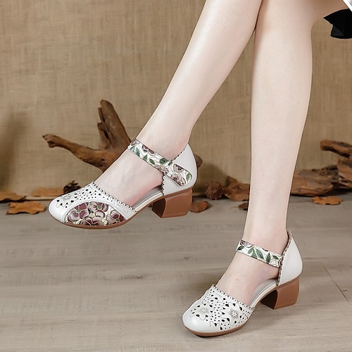 

Women's Heels Sandals Comfort Shoes Office Daily Summer Embroidery Flower Chunky Heel Round Toe Vacation Fashion Vintage Faux Leather Magic Tape Embroidered Cut-out khaki Beige