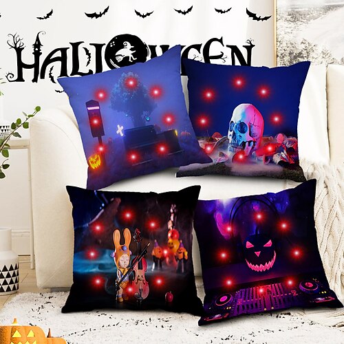 

capa de almofada de lado duplo halloween 4pc capa de almofada quadrada decorativa macia fronha para quarto sala de estar sofá sofá cadeira (com luzes led de corda)