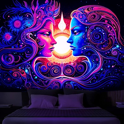 

Painting Fantasy Woman Blacklight Tapestry UV Reactive Glow in the Dark Trippy Misty Hanging Tapestry Wall Art Mural for Living Room Bedroom