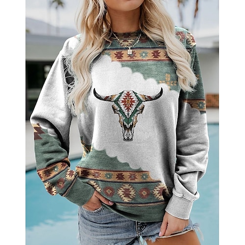 Sudadera de mujer, estilo casual, estilo urbano, estilo azteca, estilo étnico, con cuello redondo, manga larga, microelástico, para otoño&amp;Tejido suave, transpirable y cómodo para el invierno.