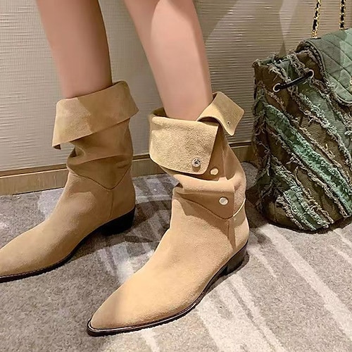 

Mujer Botas Zapatos de gamuza Botas holgadas Tallas Grandes Diario Paseo Botas hasta la rodilla Invierno Hebilla Botón Tacón Cuadrado Dedo Puntiagudo Vintage Elegante Casual Zapatos de Paseo Cuero