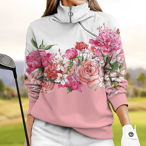 

Damen Golfpullover Golf-Sweatshirt warm Atmungsaktiv Feuchtigkeitsableitung Langarm Golf-Oberbekleidung Shirt Regular Fit Seitentaschen 1/4 Reißverschluss Blumen Frühling Herbst Tennis Golfspiel