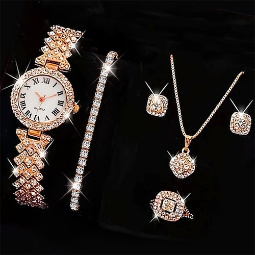 

5 teile/satz uhr frauen ring halskette ohrringe strass mode armbanduhr weibliche beiläufige damen uhren armband set uhr